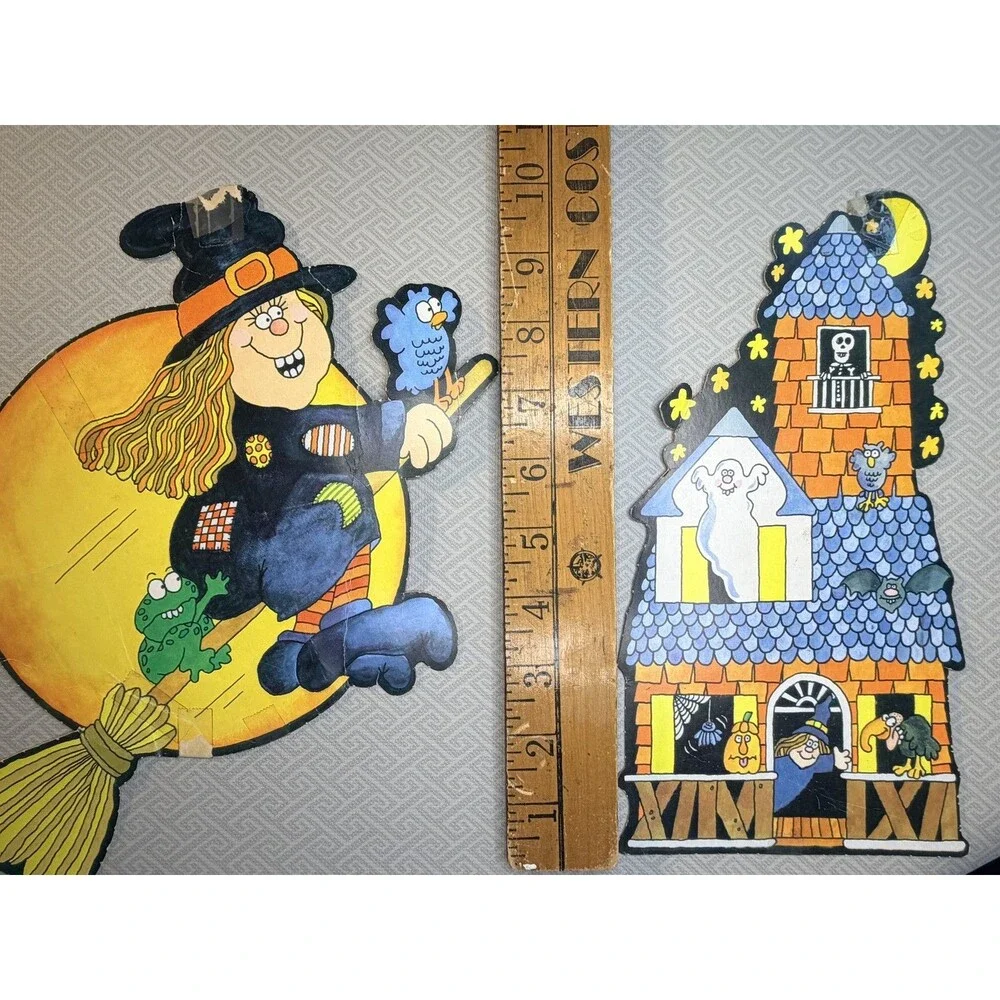 Vintage Halloween Die-Cut Decorations Witch Flying Moon & Haunted House